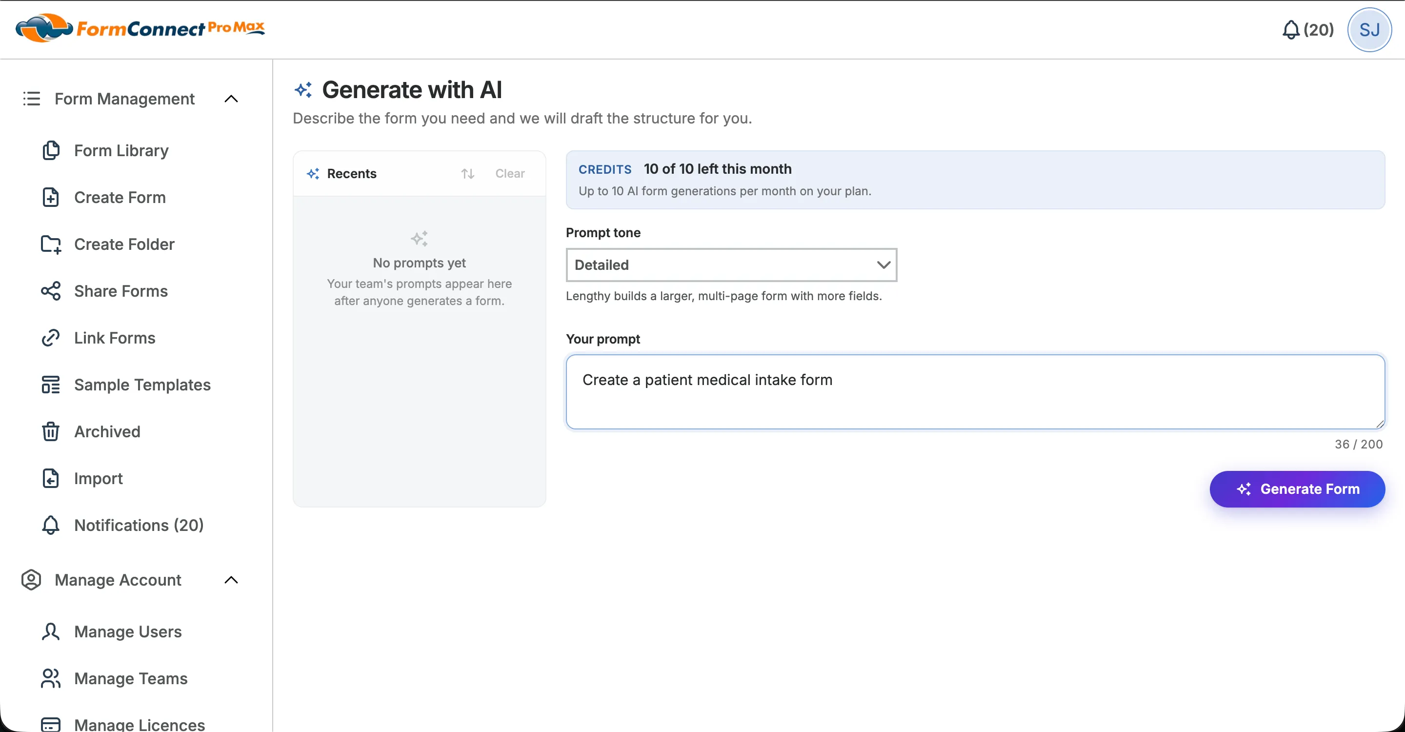 FormConnect ProMax AI form builder prompt screen with Generate Form