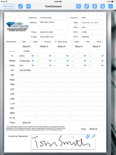 Car Service Center Uses FormConnect to Document Repair 