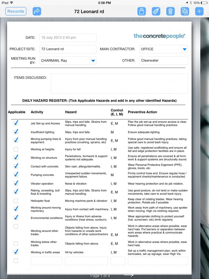 Concrete Specialist Creates Daily Hazard Form